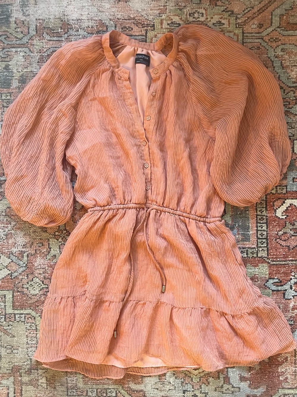 MINKPINK Blush-Peach Puff-Sleeve Tiered Mini Dress